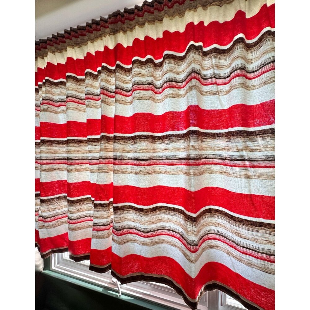 Vintage 70s curtain, beige, brown, red stripes, thick, pleated single panel